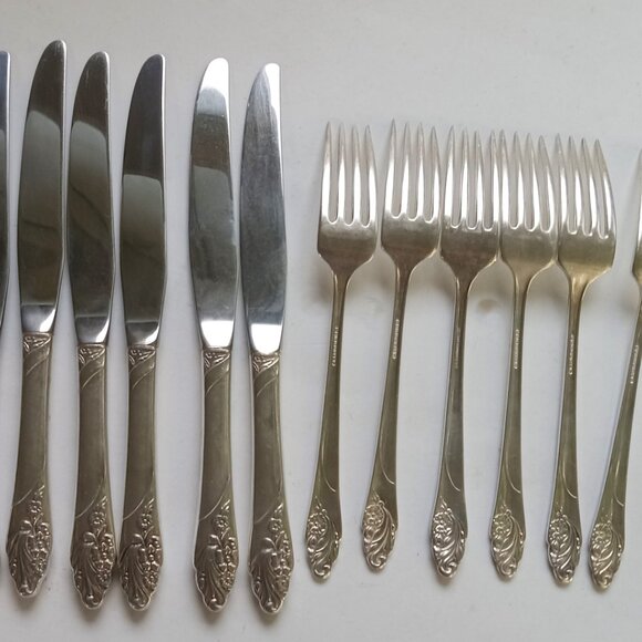 Silver Plate Community Oneida c1950s 6 Dinner Knives 6 Dinner Forks EVENING STAR - Picture 11 of 11
